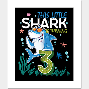 Turning 3 Years Old, Boy Girl Shark Birthday Theme, 3rd Bday Posters and Art